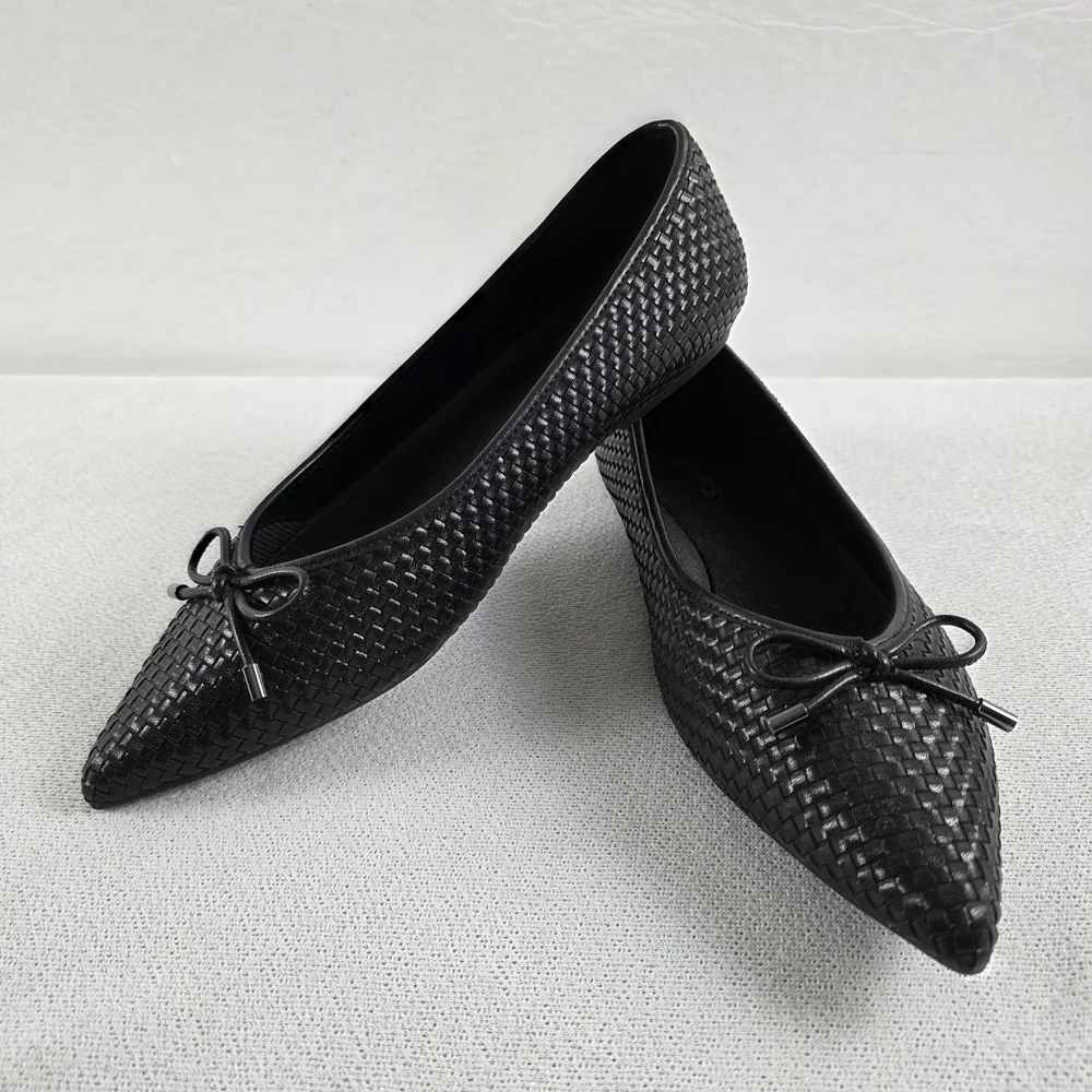 Enfiis Black Woven Patterned Vegan Pointed Toe Ballet Flats Women's 10